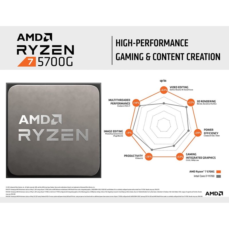 AMD Ryzen 7 5700G 8-Core, 16-Thread Desktop Processor with Radeon Graphics, AMD Radeon Graphics Vega 8