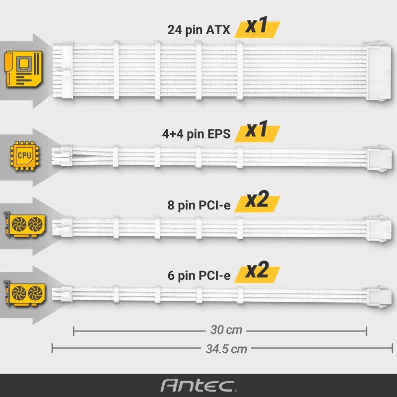 Antec PSU Cables, Sleeved Cable Extension Kit, White Connector, White Blue