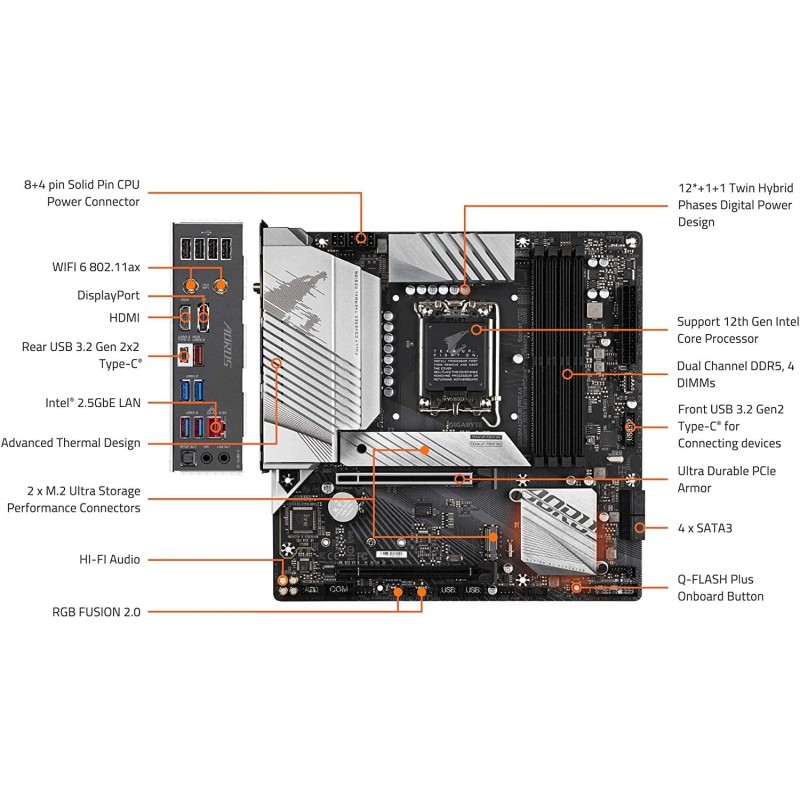 GIGABYTE B660M AORUS PRO AX DDR4 (B660/ Intel/LGA/1700/ Micro-ATX/DDR4/ Dual M.2/ PCIe 4.0/ USB 3.2 Gen2 Type-C/WiFi 6 802.11ax/ Intel 2.5GbE LAN/Motherboard)