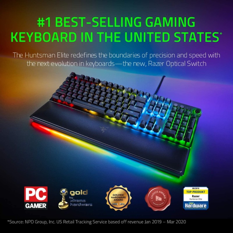 Razer Huntsman Elite Gaming Keyboard: Fastest Keyboard Switches Ever - Linear Optical Switches - Chroma RGB Lighting - Magnetic Plush Wrist Rest - Dedicated Media Keys & Dial - Classic Black